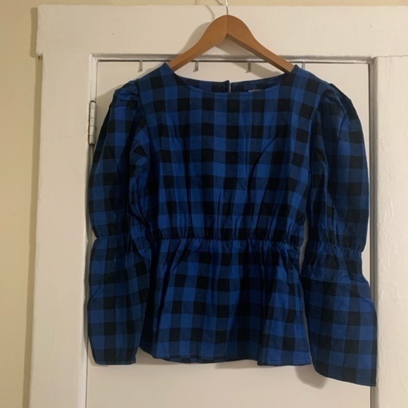 Nasty Gal Gingham Puff Sleeve Blouse Blue Sz 6 - Picture 6 of 10